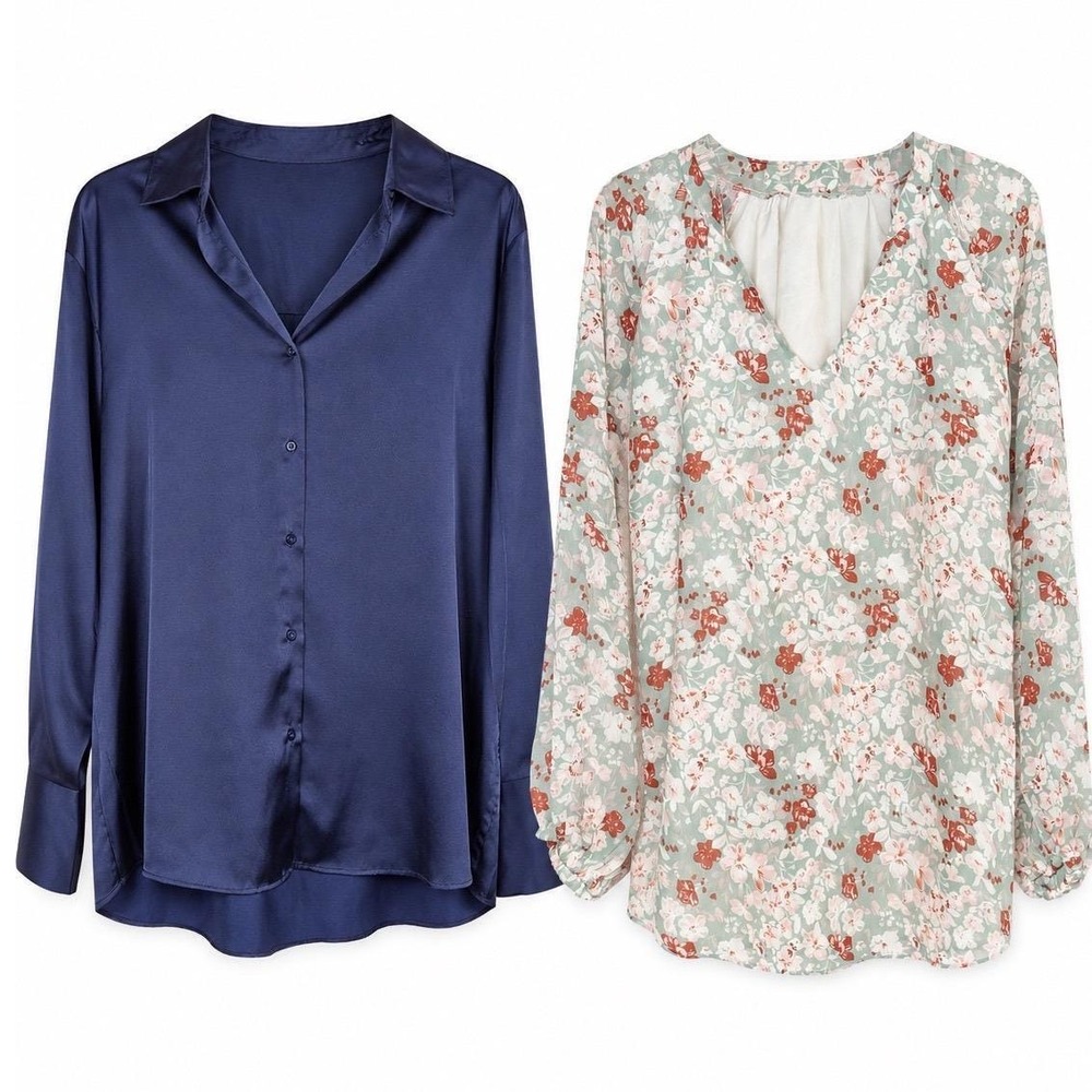 Cupcakes & cashmere women's Work satin Blouse Lot Size L  Navy + Floral V Neck